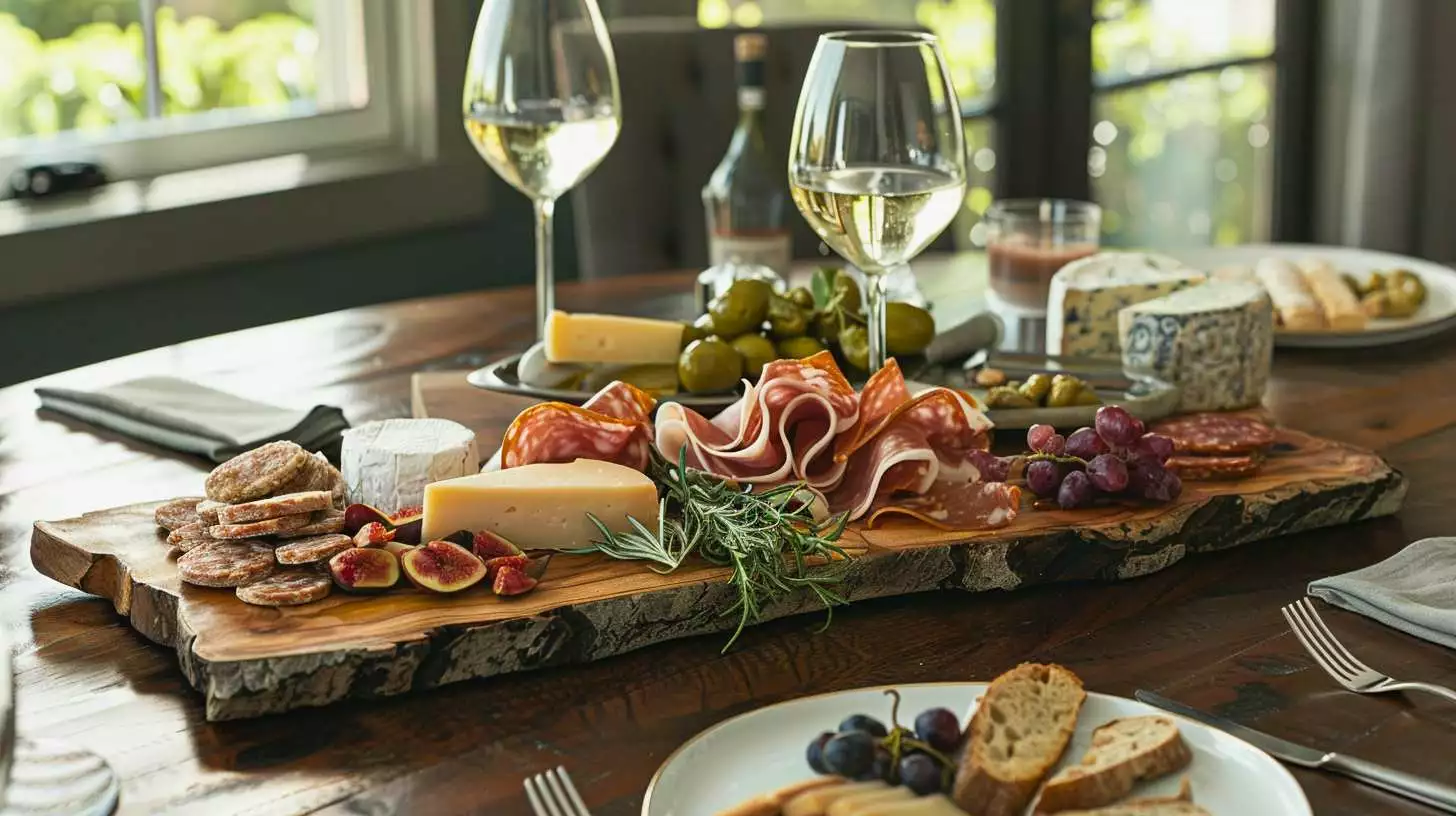 A wooden board with cheese, salami and bread and GSM wine on it.