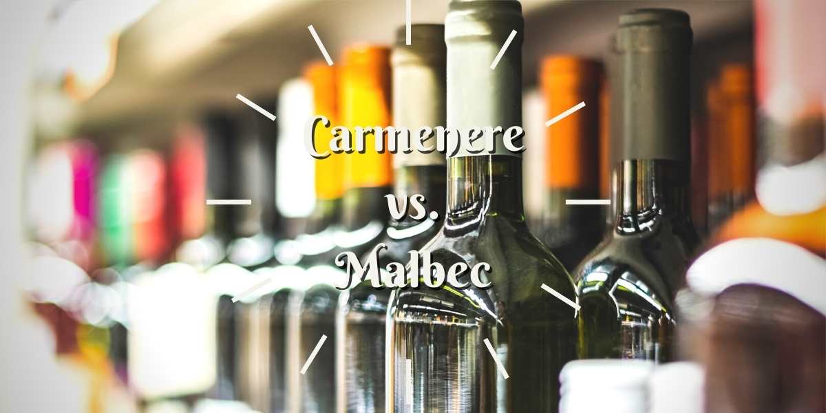 A row of wine bottles with the words carmenere vs malbec.